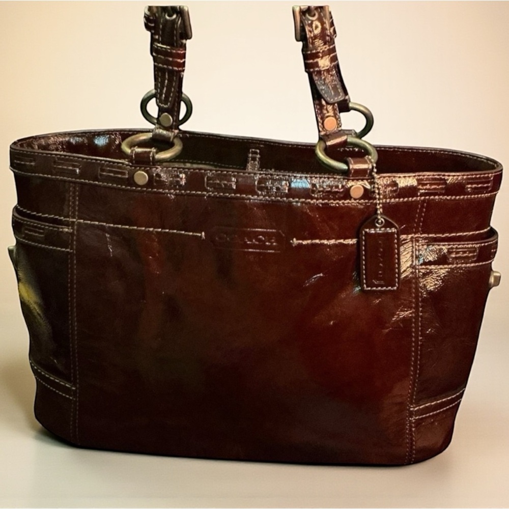 Coach Tribeca Patent Leather Tote Brown East West Shoulder Bag - Picture 3 of 13